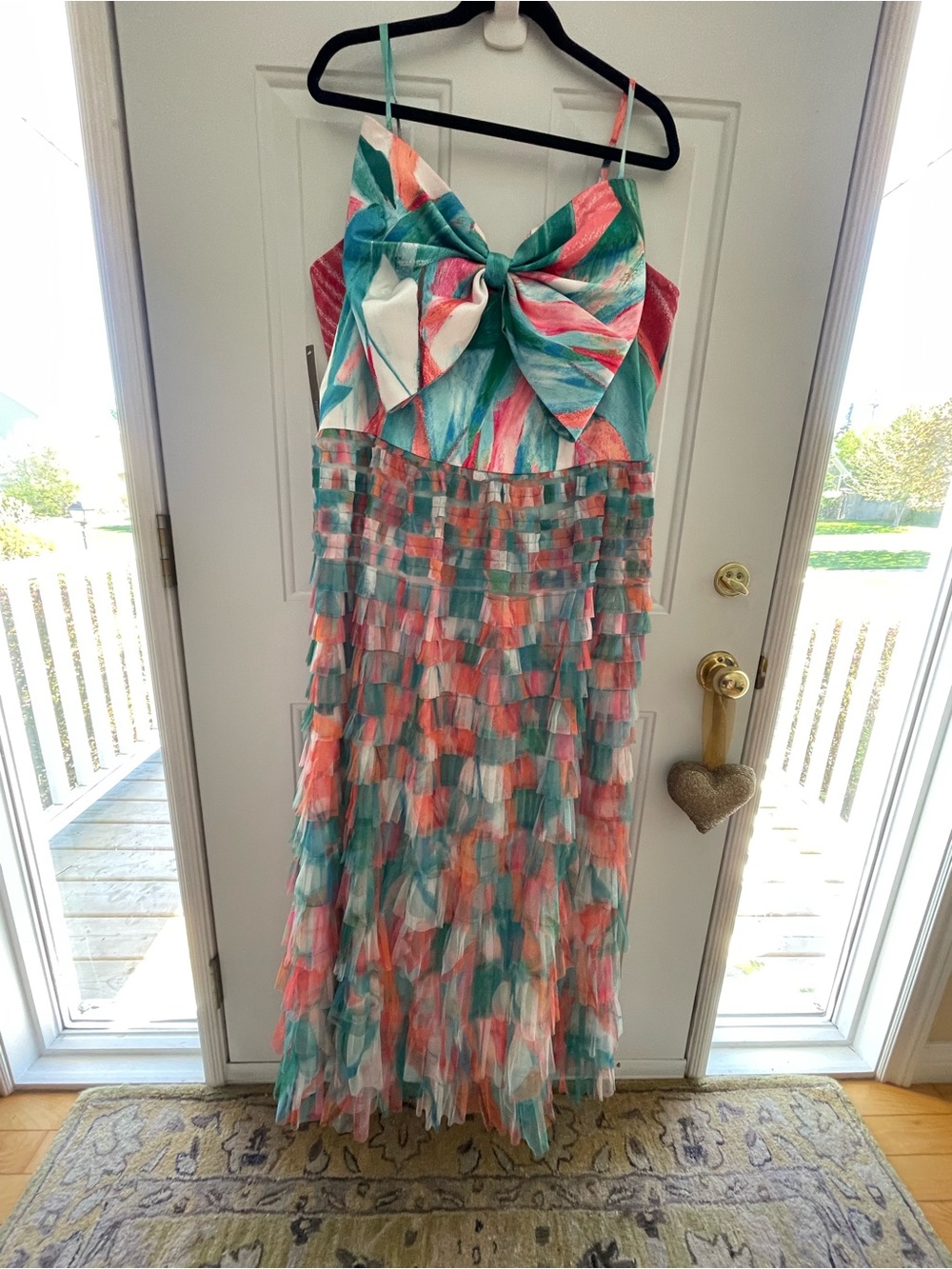 Anthropologie Watercolor Tiered Maxi Dress in Teal, Coral & White